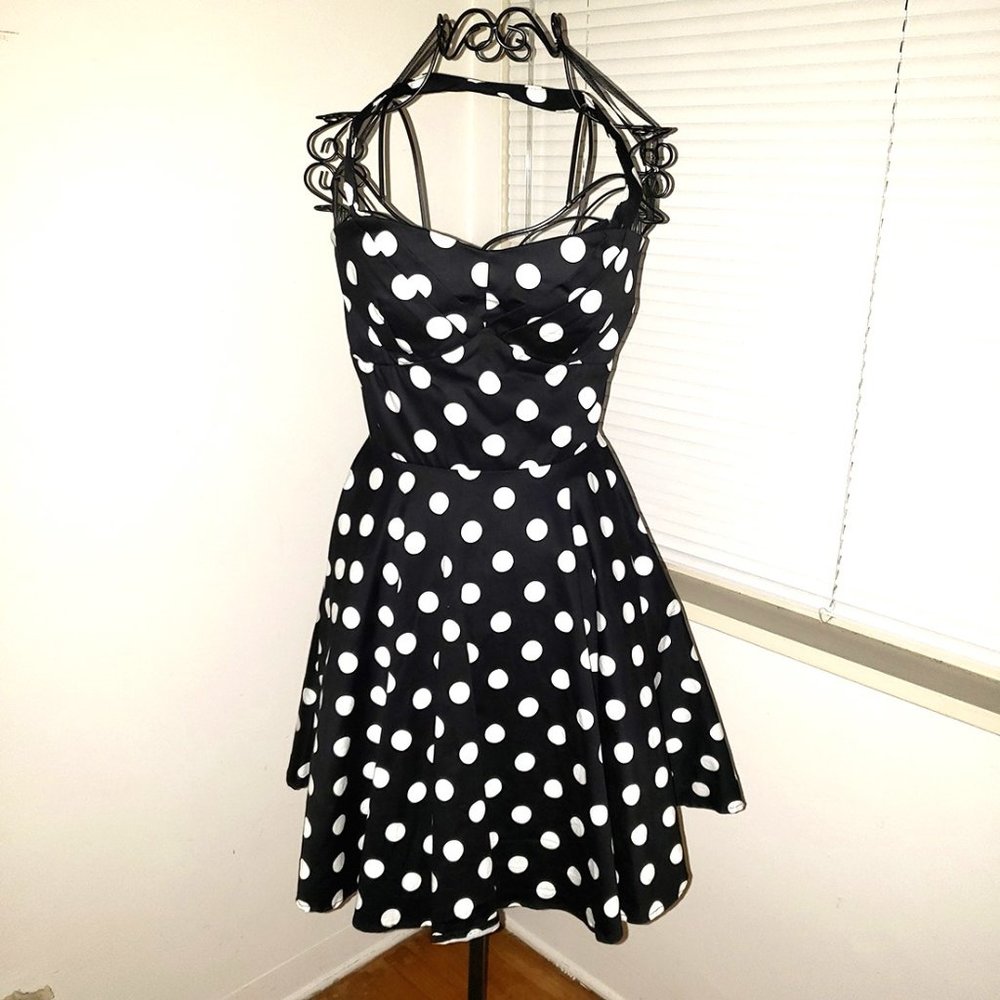 SOLD IXA Vtg 80s Marilyn BW Dotted Halter Fit & Flair Full Mini Skater Dress XS